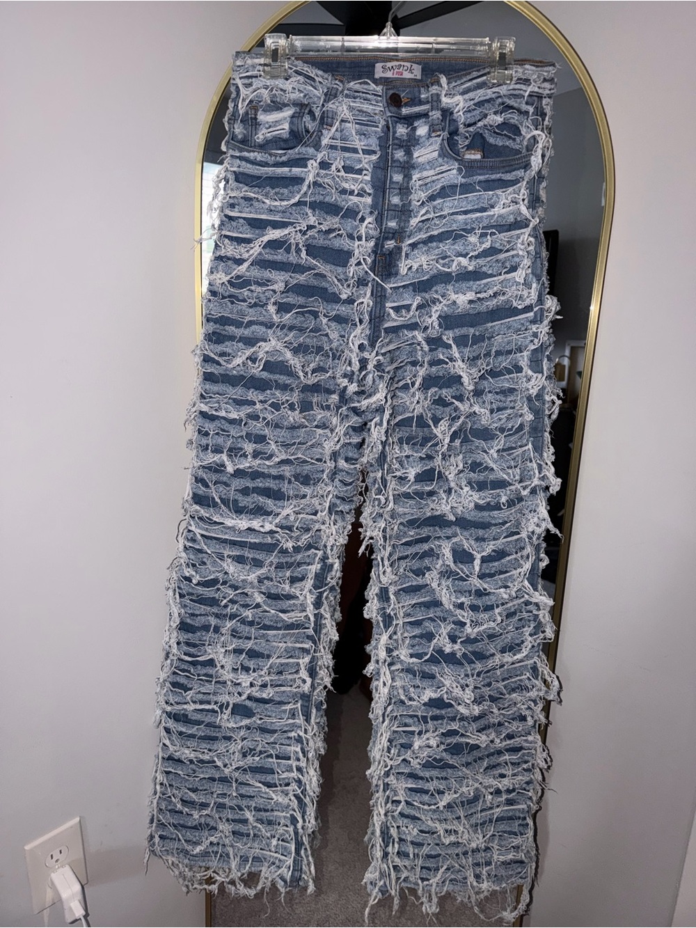 Fringed Distressed Light Blue Wide-Leg Jeans